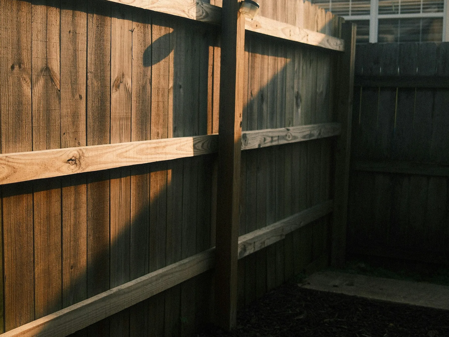 Wooden privacy fence and backyard in evening sunlight