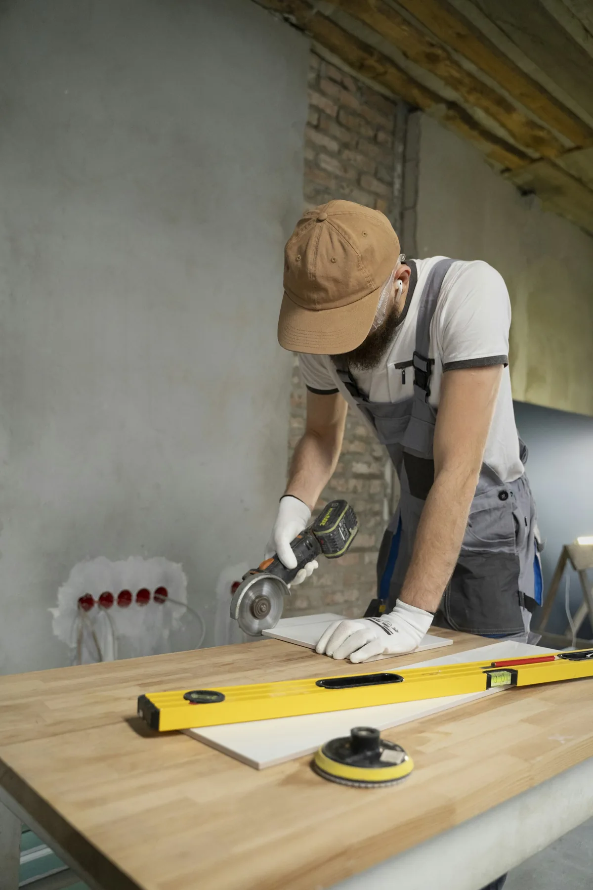 Cutting a floor tile with an angle grinder on a job site